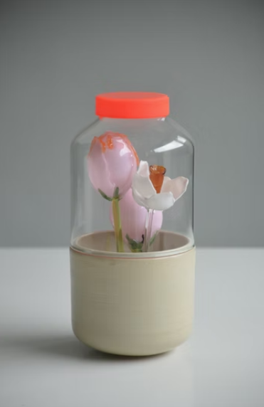 Handblown & Ceramic Vase, MERGED orange, by Els Flossie